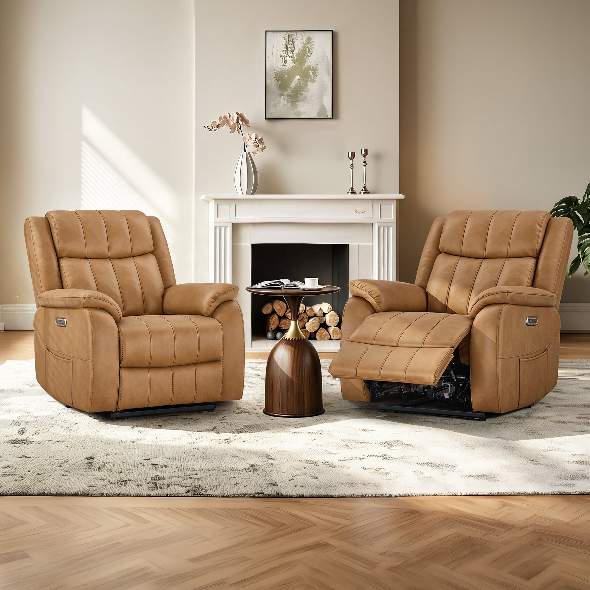 Spruce & Spring Power Recliner Chair, Modern Faux Leather Wall Hugger Electric Recliner Sofa with Channel Tufted Back and Overstuffed Armrests, Adjustable Living Room Single Sofa, Saddle Brown