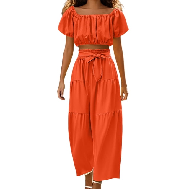 Conjunto moderno para el día: top con cuello cuadrado y mangas abullonadas y pantalones de pierna ancha - Poliéster - Ropa informal/de vacaciones