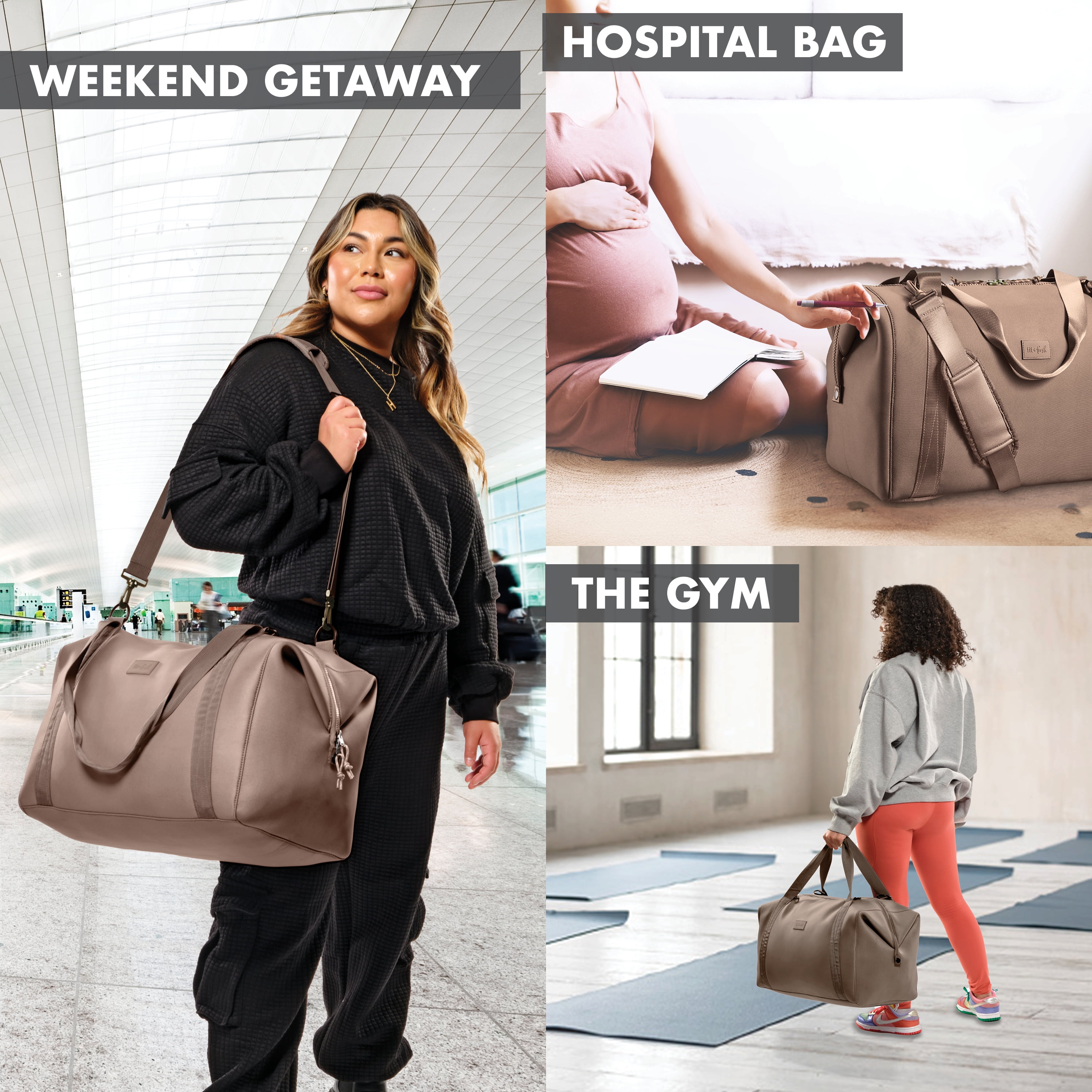 Fit & Fresh Premium Neoprene Weekender Bag, Travel Bag Trolley Sleeve, Carry on Duffel Bags, Taupe