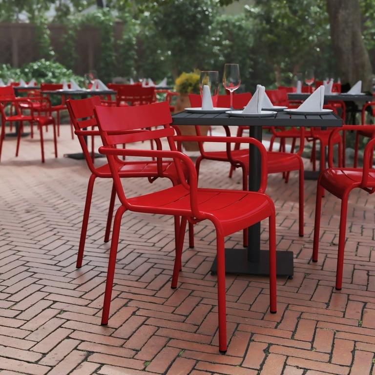 Flash Furniture Nash Commercial Grade Red Steel Indoor Outdoor Stackable Chair with 2 Slats and Arms