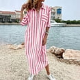 thumbnail image 7 of Eawtki Women's Lapel Collar Three Quarter Roll Sleeve Maxi Striped Linen Shirt Dress Half Front Zip Placket Side Patch Pockets Loose Vacation Cover Up Dress, 7 of 7