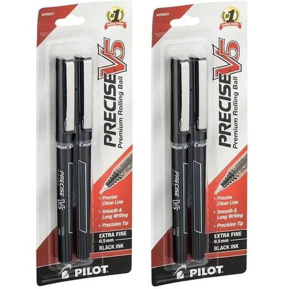 Pilot Precise V5 Rolling Ball Extra Fine Point Pens, Black Ink 2 Ct (Pack Of 2)