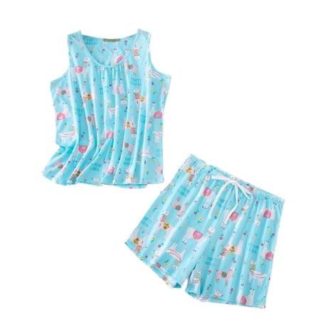 Defitshape Women s Pajamas Set Cotton Printed Pjs Short 2 Piece Cartoon Shorts Comfy Lightweight Sleeveless Drawstring Summer Lounge Set Style2 Medium