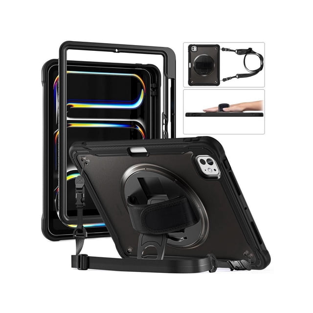 Case for iPad Pro 11 Inch M4 2024 5th Gen Heavy Duty Rugged Shockproof Cover with 360° Rotating Hand Strap Foldable Stand & Shoulder Strap, Pencil Holder