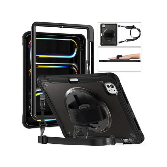 Case for iPad Pro 11 Inch M4 2024 5th Gen Heavy Duty Rugged Shockproof Cover with 360° Rotating Hand Strap Foldable Stand & Shoulder Strap, Pencil Holder