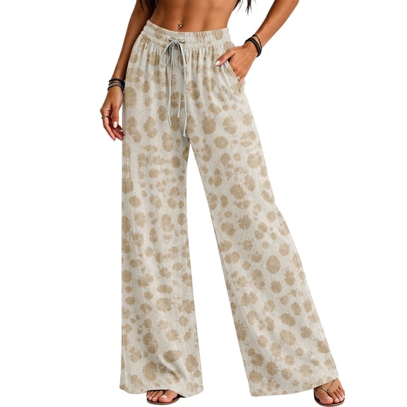 Leopard Print Pants for Women High Waisted Wide Leg Pants Drawstring Lightweight Casual Trendy Trousers