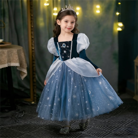 Youpwaven K'i'ds Prom Ball Gown G'i'rls Velvet Tulle Princess Party Maxi Dress Unique Dark Blue Puff Long Sleeve Wedding Birthday Party Dress - Up Luxury Evening Gown