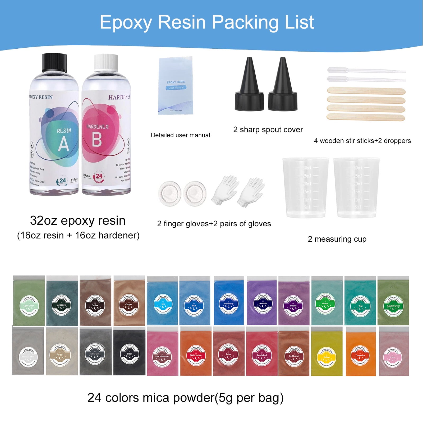 Epoxy Resin,32oz Epoxy Resin Kit for Beginner,Crystal Clear Epoxy Resin with Mica Powder,Hand Casting & Coating Kits Art Craft Supplies,DIY Jewelry Making Resin Art