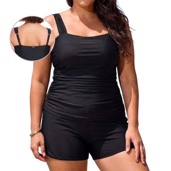 RELLECIGA Plus Size Womens Tankini Swimsuit Bandeau Ruched 2 Piece Bathing Suit Modest Swimwear