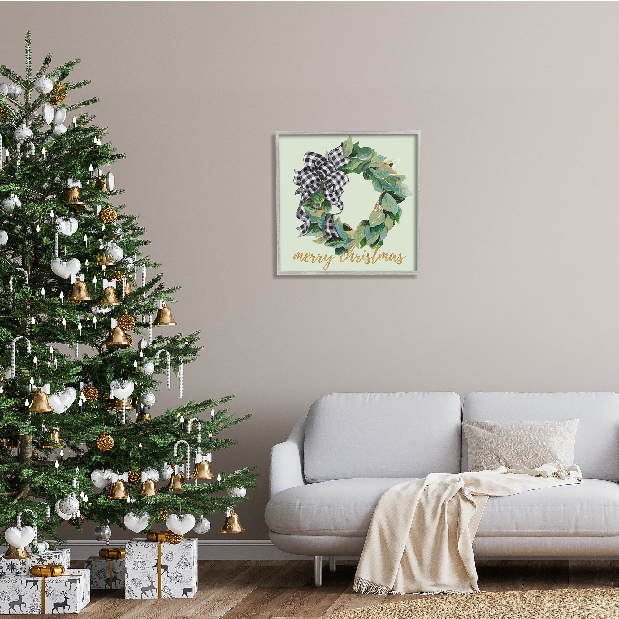 Stupell Industries Green Leaf Wreath Merry Christmas Phrase Plaid Bow, 24 x 24, Design by Patricia Pinto