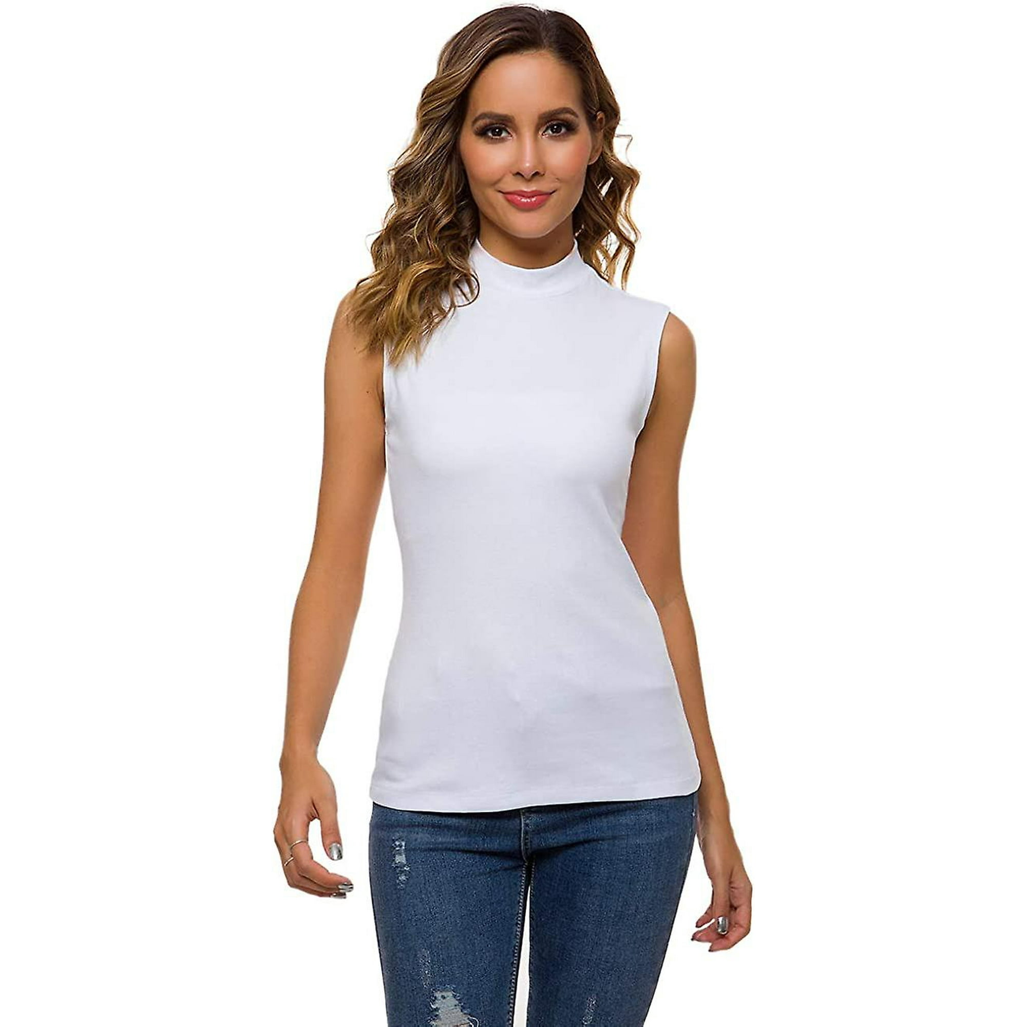 High Neck Sleeveless Top For Women Mock Turtleneck Basic Slim Fit Tunic Tank Tops Bomveson