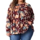 thumbnail image 1 of Blusas de mujer de tallas grandes GRACE & GRANDEUR, con estampado floral, de manga larga, túnica plisada, cuello redondo, elegantes y casuales, 2X burdeos, 1 of 1