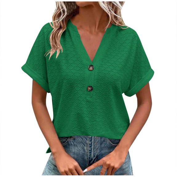 Olyvenn Sexy Elegant Summer Tops for Women Trendy 2025 Short Sleeve V Neck Lace Shirts Dressy Loose Work Office Blouses Green XXXXXL