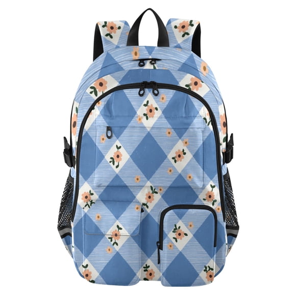 DIXRUYEE Blue Plaid Daisies Backpack for School 14”Laptop Compatible with Reflective Safety Strips