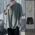 thumbnail image 3 of Conjuntos de camisetas y pantalones cortos para hombre, de nailon, lisos, sin logotipo, de corte regular, informales, holgados, novedad en camisetas y tops, moda para hombre 2024, 3 of 5