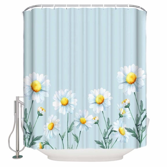 Shower Curtains Sets for Bathroom Decor Watercolor Farm Daisy Waterproof Bathroom Curtain with Hooks, Country Flowers on Light Blue for Bathroom Decor,72x72IN