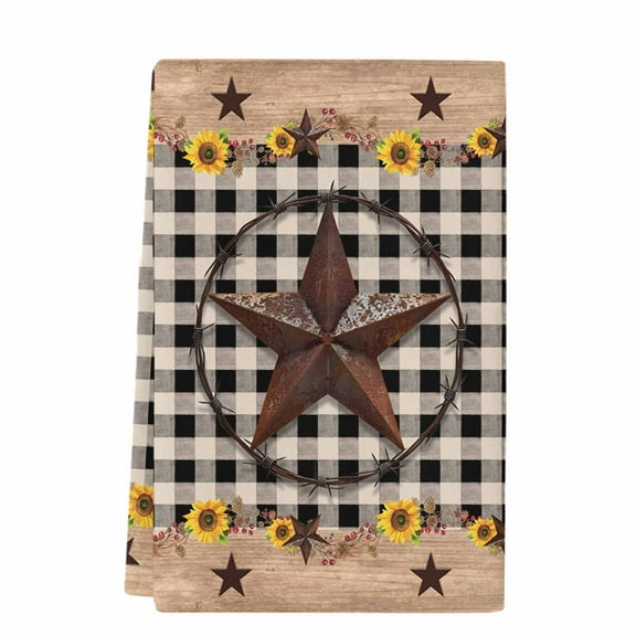 Dish Towels, Farmhouse Barn Star Absorbent Kitchen Towels 1 PC, Vintage Wood Texture Sunflower Microfiber Hand Towels Dish Cloths Tea Towels for Home  Bathroom,18X28-Inch, Brown