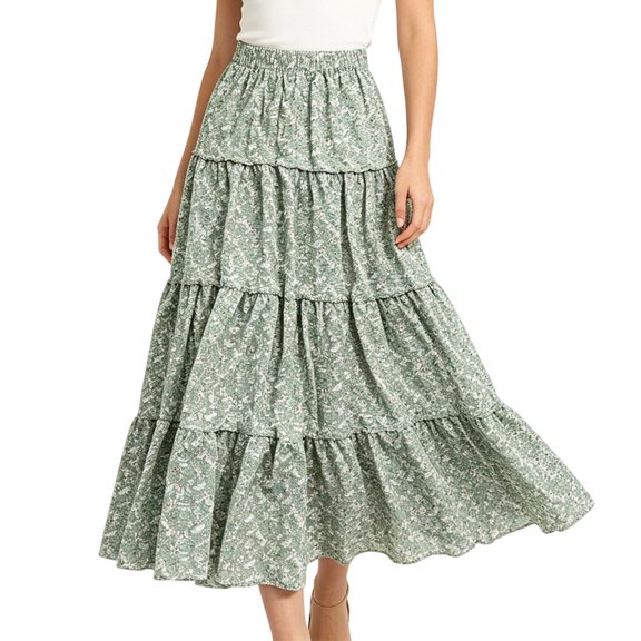 Arlun Women's Summer Maxi Skirts Trendy High Waist Pleated Ruffle Floral Long Skirts Casual Relaxed Fit Ruffle Tiered Lightweight Flowy Beach Vacation Boho Skirt 2026 2-Green XL