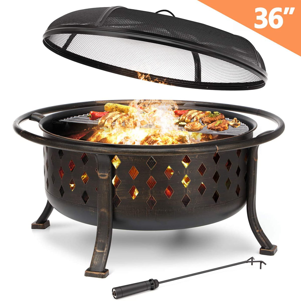 36 Inch Outdoor Fire Pit, 2 in 1 Large Wood Burning Patio & Backyard Firepit  for Outside with Spark Screen, Fireplace Poker, and Round Cover, Bronze -  Walmart.com