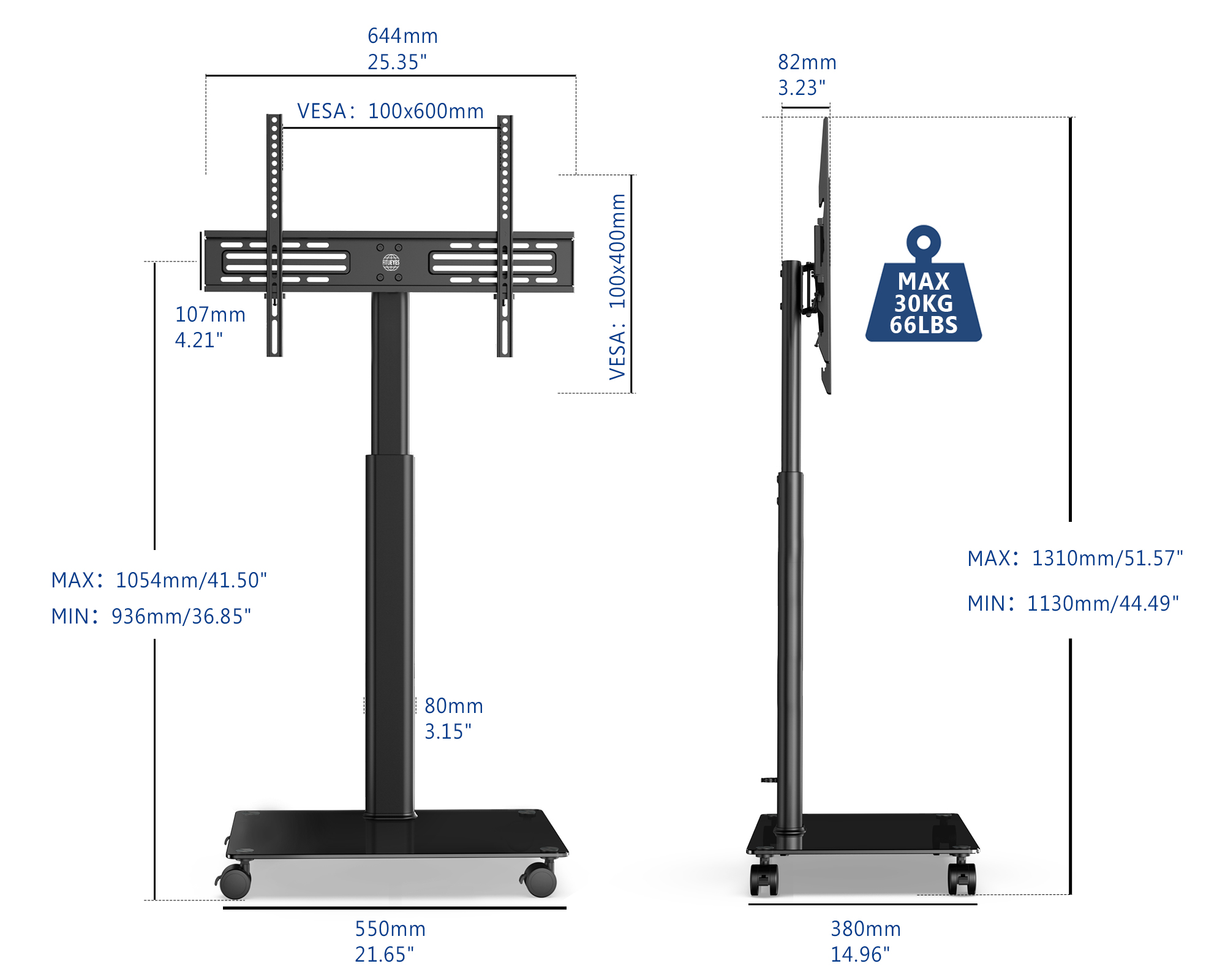 FITUEYES  Swivel Modern Rolling TV Stand Mobile TV Cart with Wheels Holds up to 65 inch TV,with Tempered Glass Base and Safety Hooks