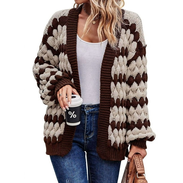 Suéter de Invierno de Punto Holgado con Rayas y Mangas Farol para Mujer, Moda de Otoño Marrón Albaricoque XL