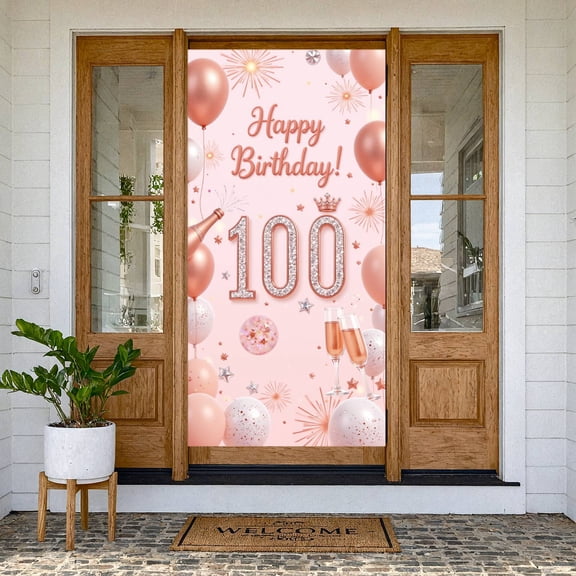 Rose Gold Style Happy 100th Birthday Banner Glittery 100 Design Centenarian Celebration Backdrop Champagne Crown Decor 100th Birthday Background for Centenarian Birthday Parties Indoor Celebrations