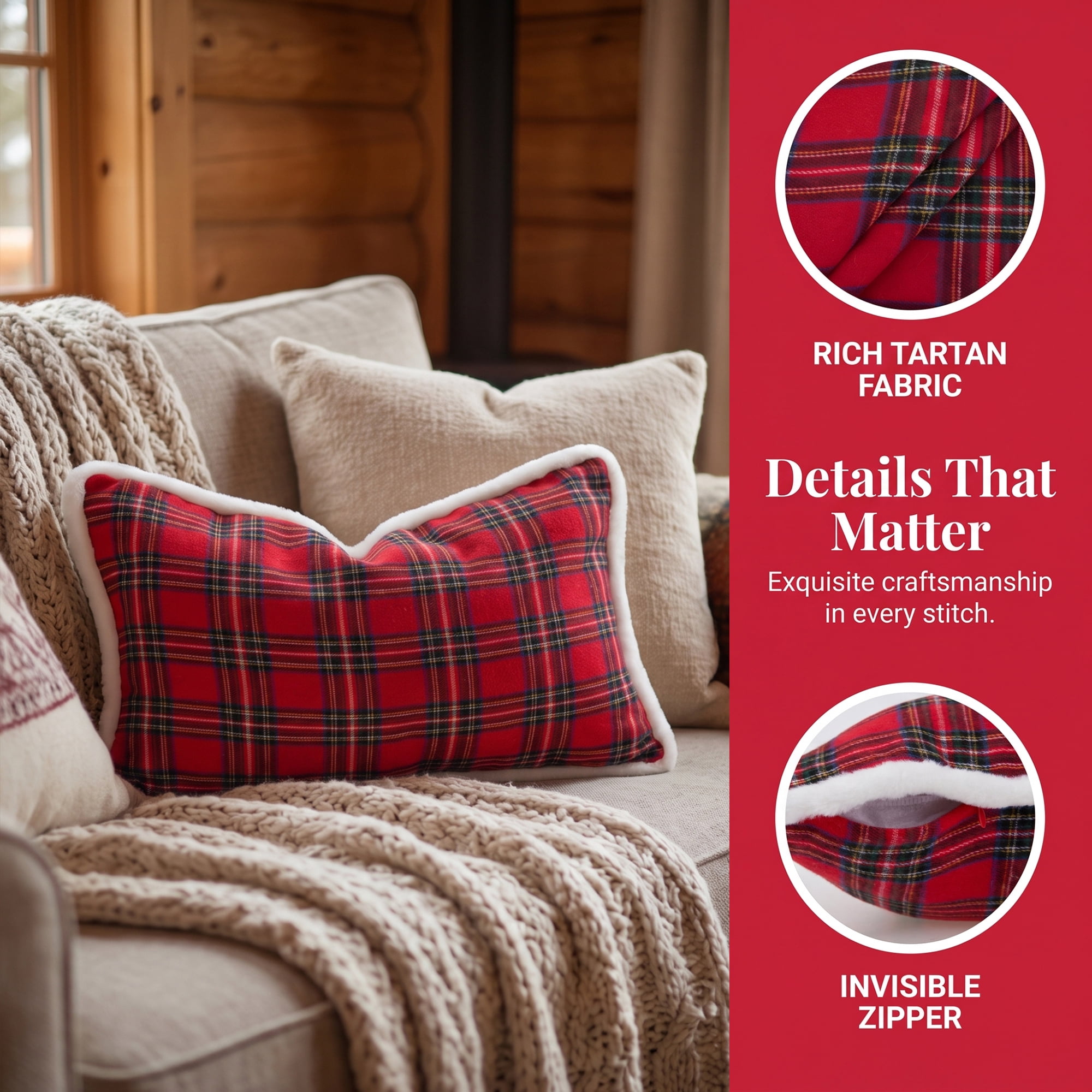 Unique Bargains Plaid Throw Pillow Covers Tartan Cushion Cases Red Plaid Fur Trim 20"x12"