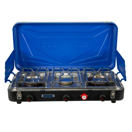 UPC: 0011319136946 | Stansport Outfitter Series Propane Stove – 3 Burners 2-25 K & 1-10 K Burners Blue