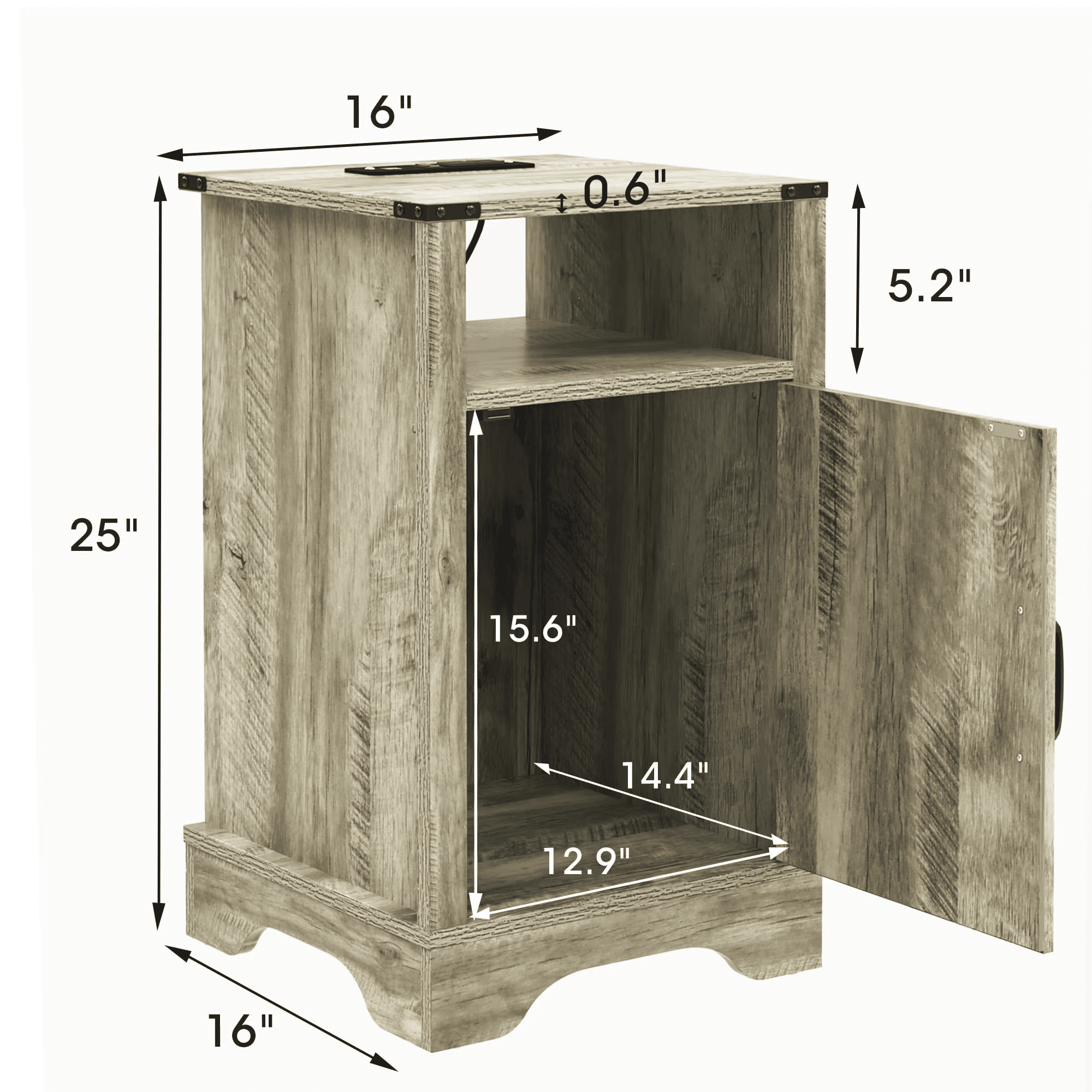 Farmhouse Wooden End Table with UL Certified Charging Station, 16"D×16"W×25"H Rustic Nightstand with Storage Cabinet & Open Shelf for Bedroom Living Room Office