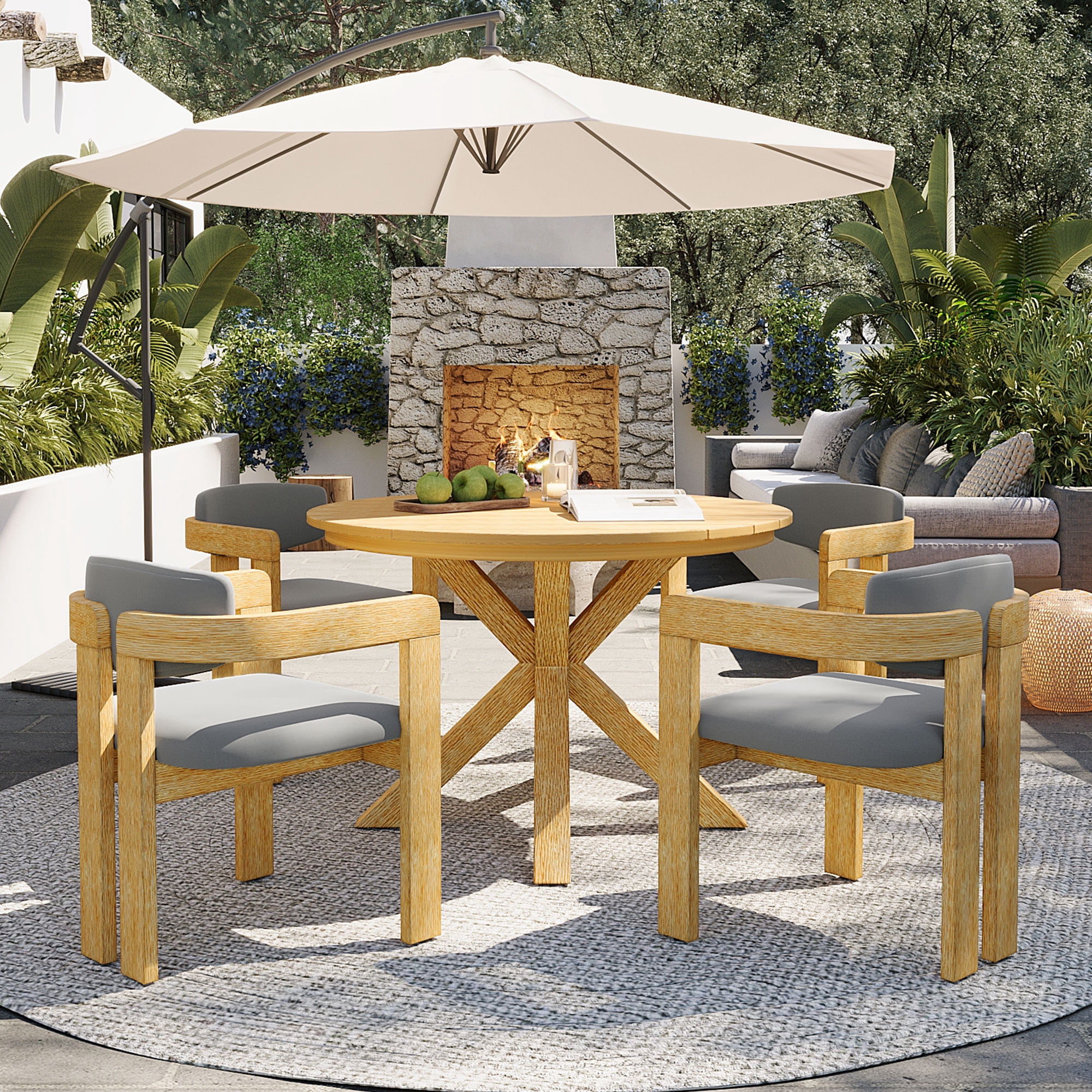 Mintazer 5 Piece Outdoor Dining Set, Patio Dining Set with Round Table & 4 Barrel Chairs, Modern Garden Conversation Set with Cushions for Patio Garden Balcony Backyard, Natural & Gray
