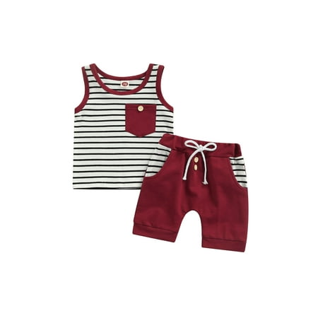 

BrilliantMe Summer Toddler Baby Boys Clothes Outfits Striped Print Sleeveless Vest Tops with Drawstring Casual Shorts Set Brick Red 3-6 Months