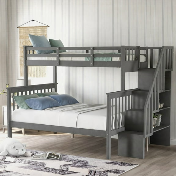 Twin-Over-Full Bunk Bed with Stair Storage & Guard Rail in Gray (OLD SKU :LP000019AAE)