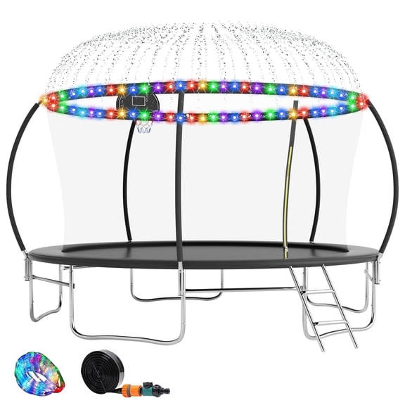 OVATOYS 1400LBS 14FT Trampoline for Adults and Kids,Trampoline with Enclosure,Light,Sprinklers,Basketball Hoop, Recreational Trampoline with Ladder, Heavy Duty Trampoline Capacity for 5-6 Kids