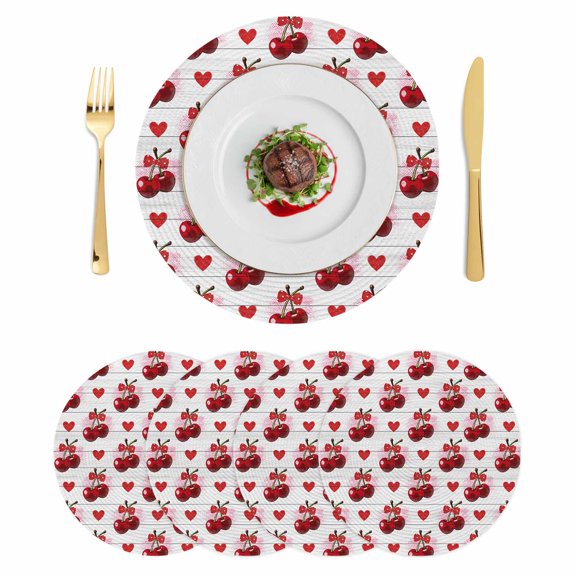 Red Cherry Round 13 Inch Placemats Set of 4, Farmhouse Lover Heart Fruit Gray Wooden HeatResistant Non Slip Place Mats for Dining Table, Wipeable Braided Kitchen Table Mats for Housewarming