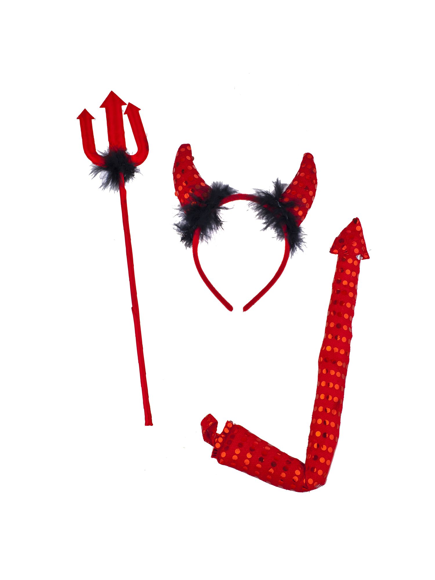 Lux Accessories Red Devil Horn Headband Tail Fork Black Fur Costume Set