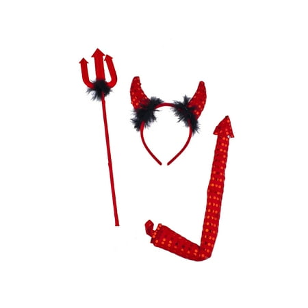 Lux Accessories Red Devil Horn Headband Tail Fork Black Fur Costume