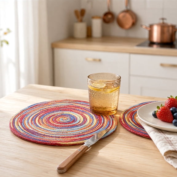 Phenofice Set of 4 Round Boho Woven Cotton Placemats Multicolor Table Mats for Dining Room