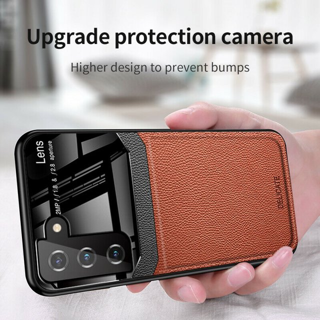 ROBINSON Leather case back cover Protective Cover Phone Case Glass Back Shell For Samsung Galaxy S22 Plus (Brown)