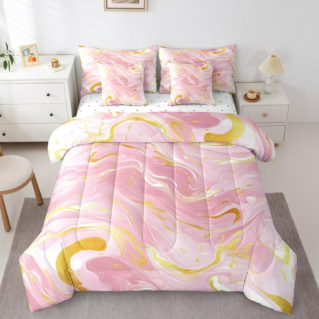 YST Ensemble de Literie Aquarelle Rose 7 Pcs avec Couette, Marbre Rose Format Simple, Microfibre
