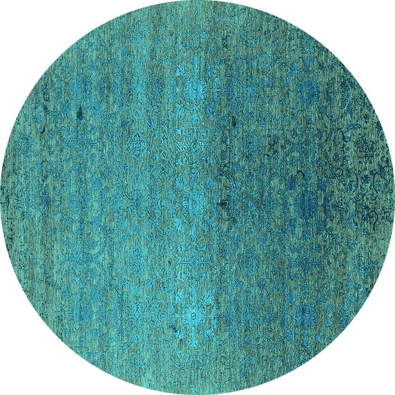 Ahgly Company Machine Washable Indoor Round Oriental Turquoise Blue Industrial Area Rugs, 7' Round