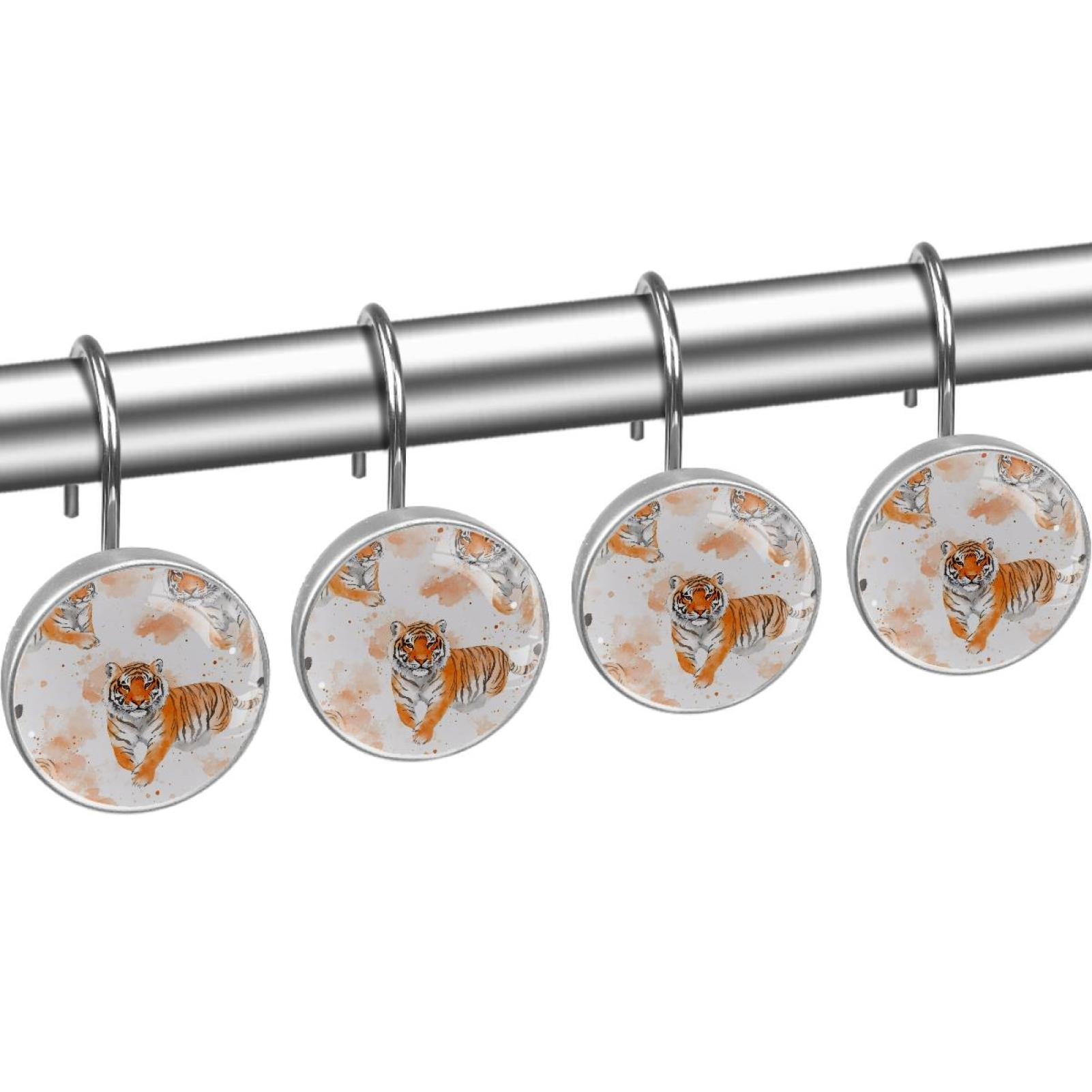 Watercolor Tigers Animal Shower Curtain Hooks Round Crystal Glass, Set of 12 Shower Curtain Rings - Shower Hooks for Curtain Shower Rings