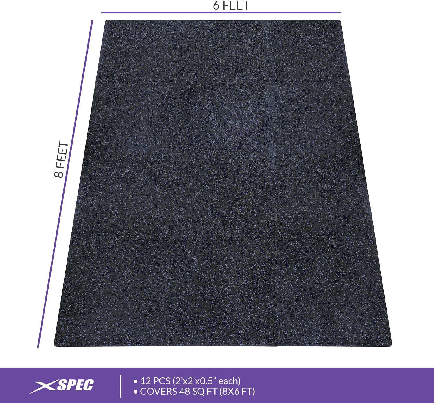 1/2" Thick 48 sq ft (12 Tiles) Interlocking Rubber Top EVA Foam Exercise Mat | Home Gym Mats Workout Flooring Tiles for Gyms, Fitness Rooms | Durable Grip Protective Flooring, Black/Blue