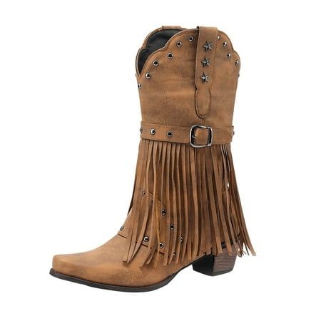 DVKOVI Country Boots for Women Womens Wide Calf Boots Cowboy Boots for Women Western Boot Pointed Toe Low Heel Tassel Decoration Booties Ladies Shoes High Heel Boots for Women Brown 41