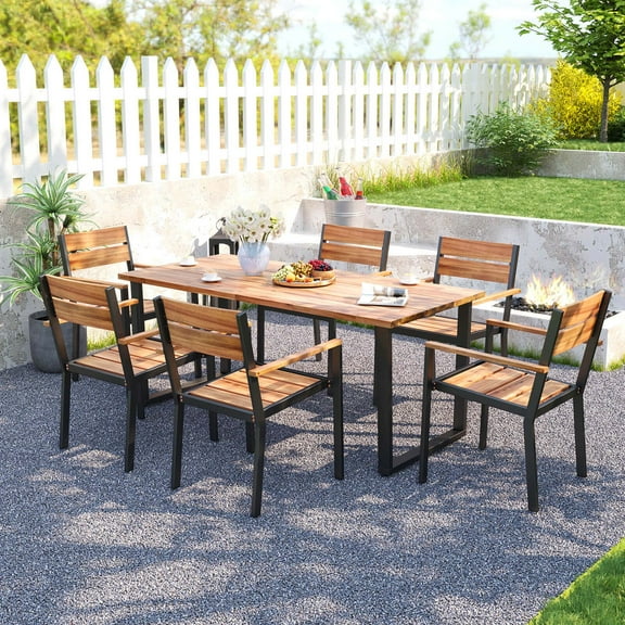 Costway 7 PCS Acacia Wood Patio Dining Set 6 Armchairs and 69" Table with 2" Umbrella Hole