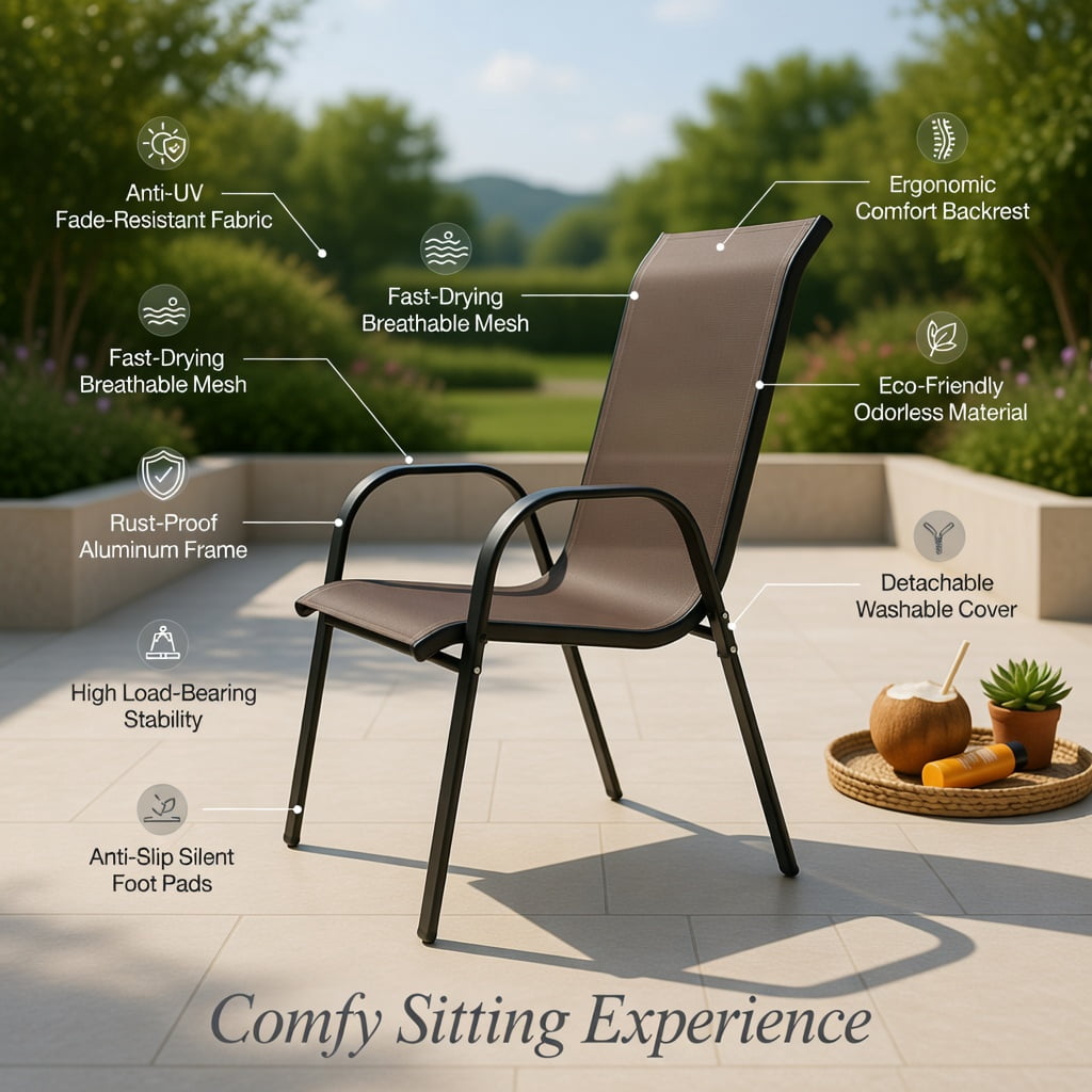 Hommoo 2-Pack Stackable Outdoor Dining Chairs with Ergonomic Armrests, Fabric & Grey Steel Frame,Space-Saving Patio Seating, Brown