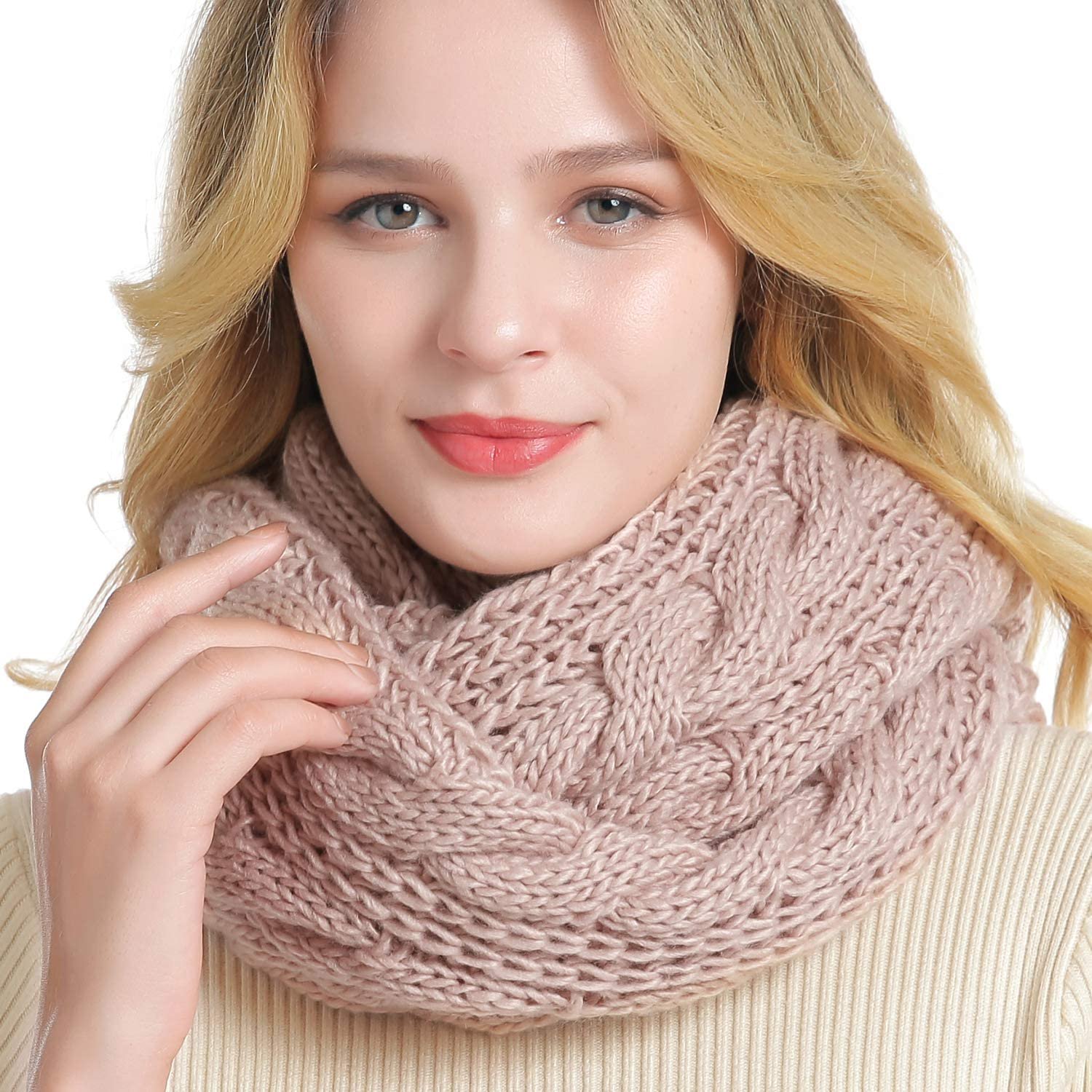 QUEENFUR Winter Women Thick Cable Knit Ribbed Infinity 