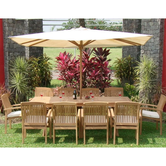Teak Dining Set:10 Seater 11 Pc - 94" Rectangle Table And 10 Wave Stacking Arm Chairs Outdoor Patio Grade-A Teak Wood WholesaleTeak #WMDSWVc