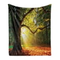 thumbnail image 1 of Leaves Soft Flannel Fleece Blanket, Majestic Mighty Oak Tree with Largely Broader Leaves Forest Sun Rays Nature, Cozy Plush for Indoor and Outdoor Use, 50" x 60", Orange Green Brown, by Ambesonne, 1 of 6