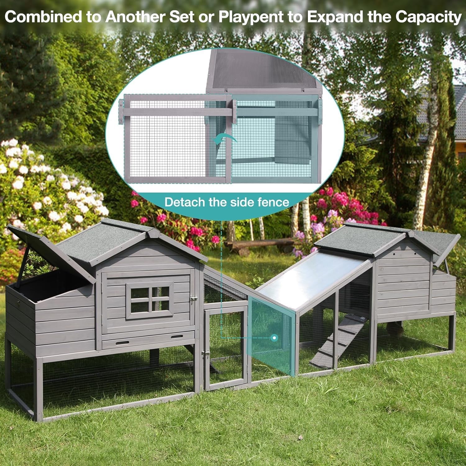 MEDEHOO Chicken Coop, Mobile Chicken House with with Wheels, Outdoor Hen House Poultry Cage with Nesting Box, Leakproof Pull Out Tray and UV-Resistant Roof (Grey)