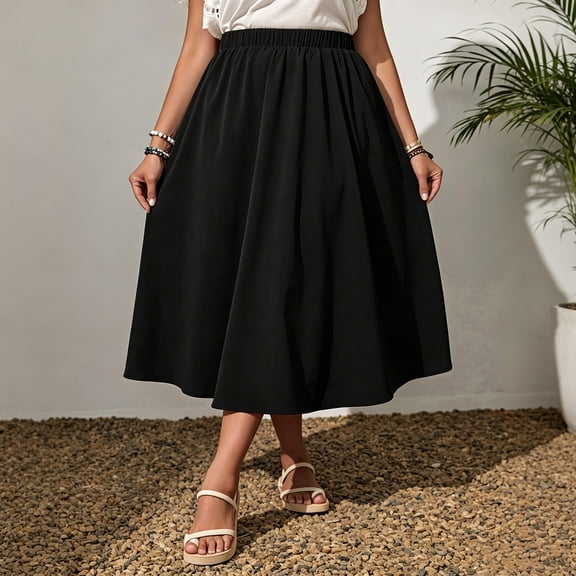 Qulqfy Womens Summer Maxi A-Line Long Skirts Layered Ruched Flowy Plus Size Black Skirt 2XL